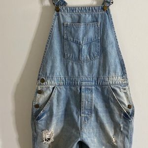 Zara Denim Distressed Overalls. Tapered leg
